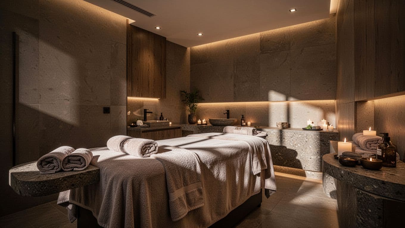 A relaxing massage room in Nairobi with soft lighting and neatly folded towels.