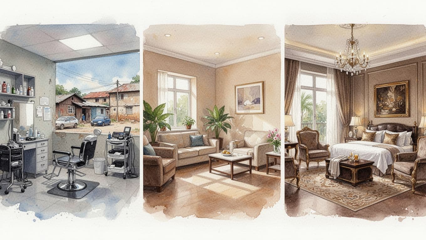 A watercolor illustration depicts three distinct Nairobi spa environments, ranging from a modest neighborhood salon to a plush hotel suite, featuring soft brushstrokes and gentle color blending throughout the artistic composition.