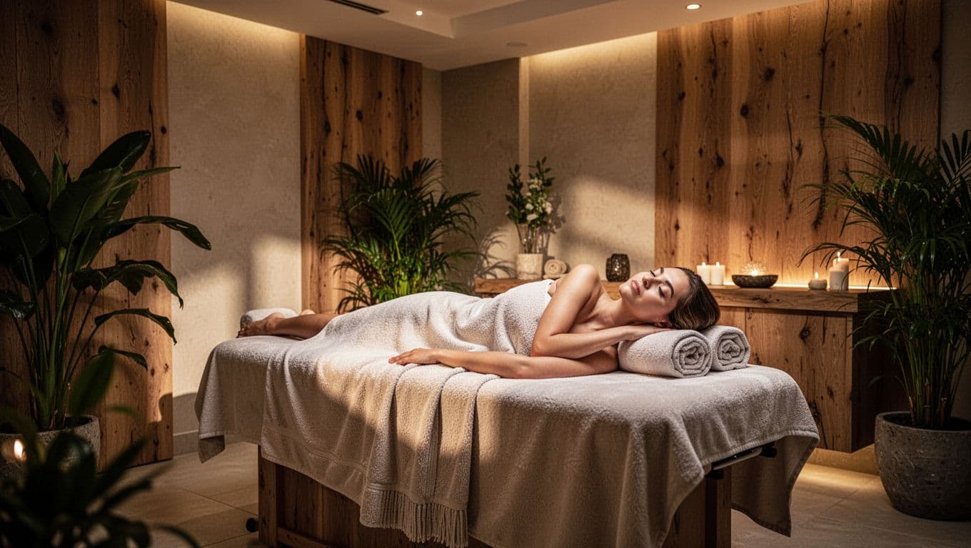A warm and inviting massage therapy room with a cushioned table and rolled towels.