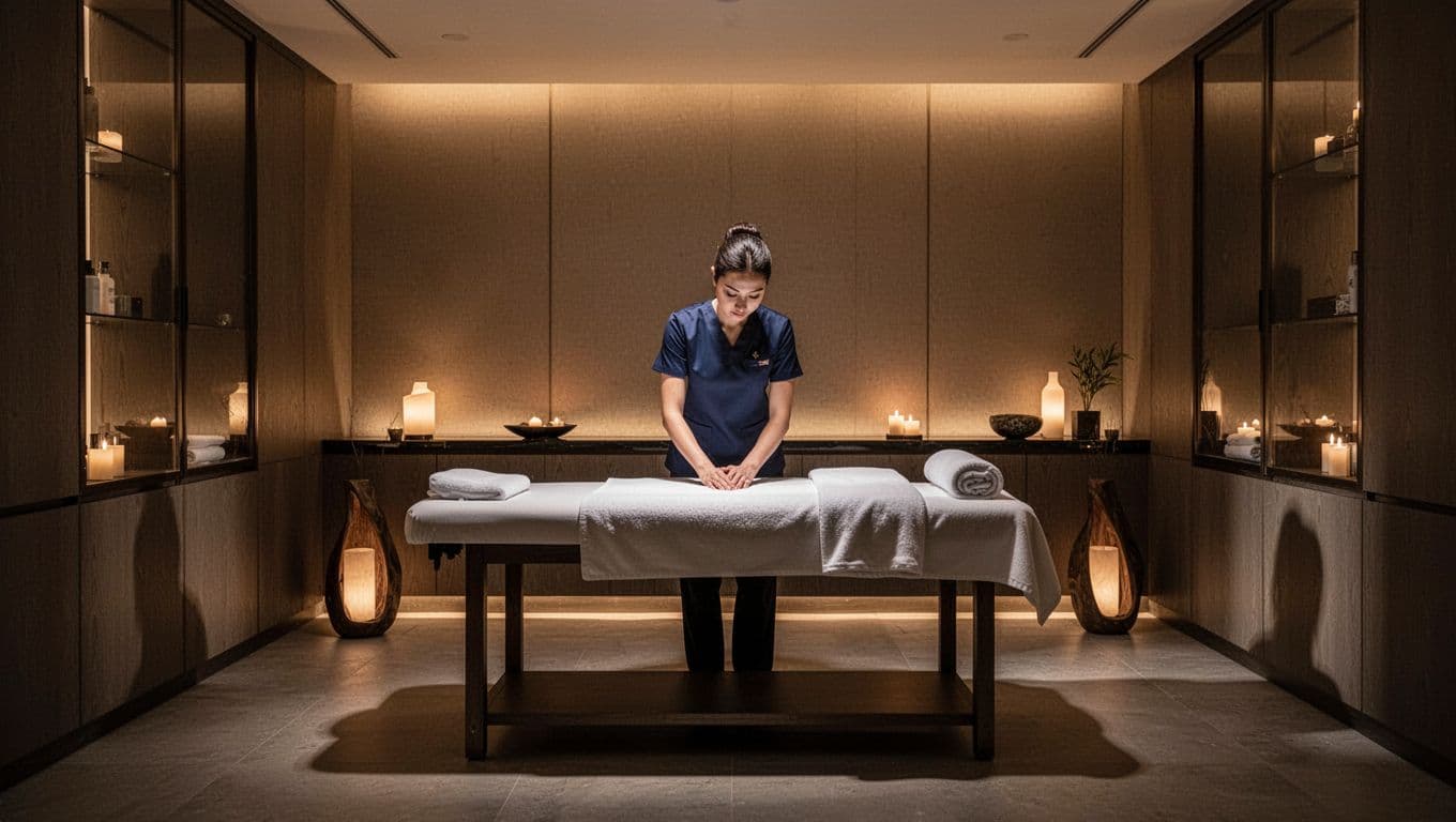 A massage therapist prepares a treatment table in a warm, peaceful Nairobi spa.