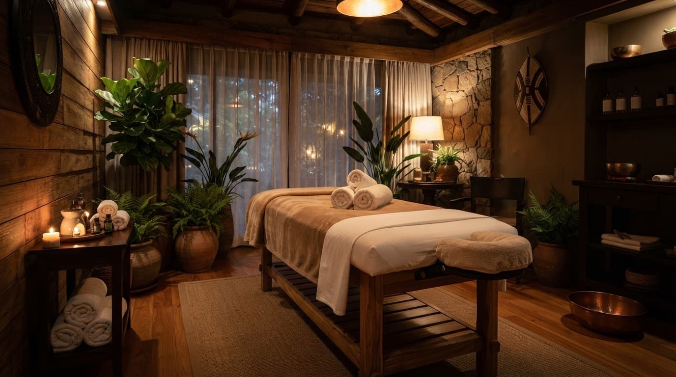 A calm massage therapy room with rolled white towels and warm lighting.