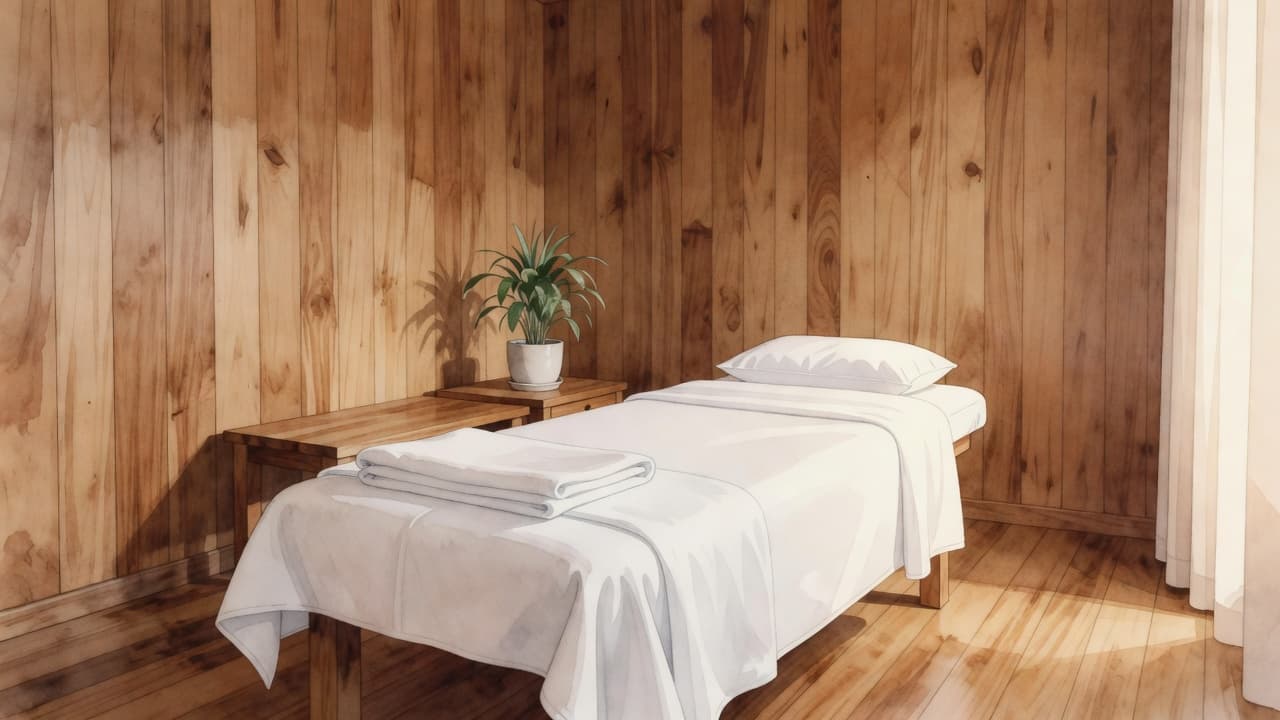 A tranquil treatment room features a padded massage table draped in white linens against a backdrop of rich natural wood. Soft, golden lighting illuminates the room, highlighting a small decorative plant.