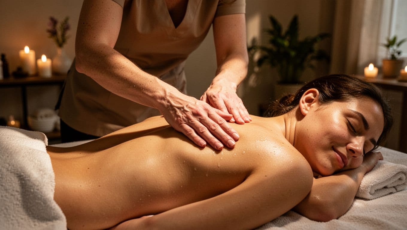 A therapist gives a soothing back massage in a calm spa room.
