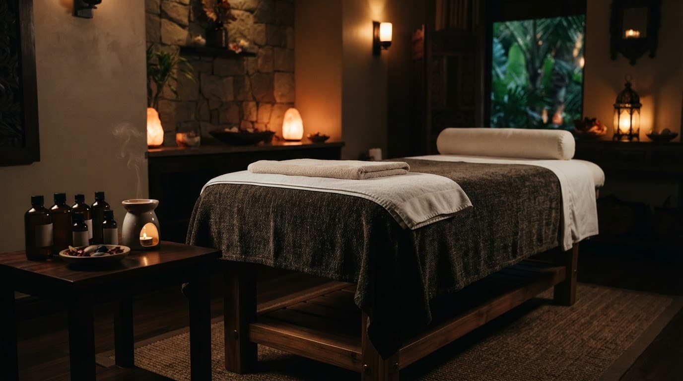A padded massage table with aromatherapy oils and rolled towels in a calm wellness room.
