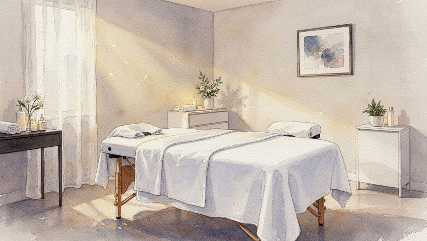 A pristine massage table draped in soft white linens sits centered in a quiet room, accented by warm ambient lighting. The watercolor textures create a peaceful and inviting atmosphere for relaxation.