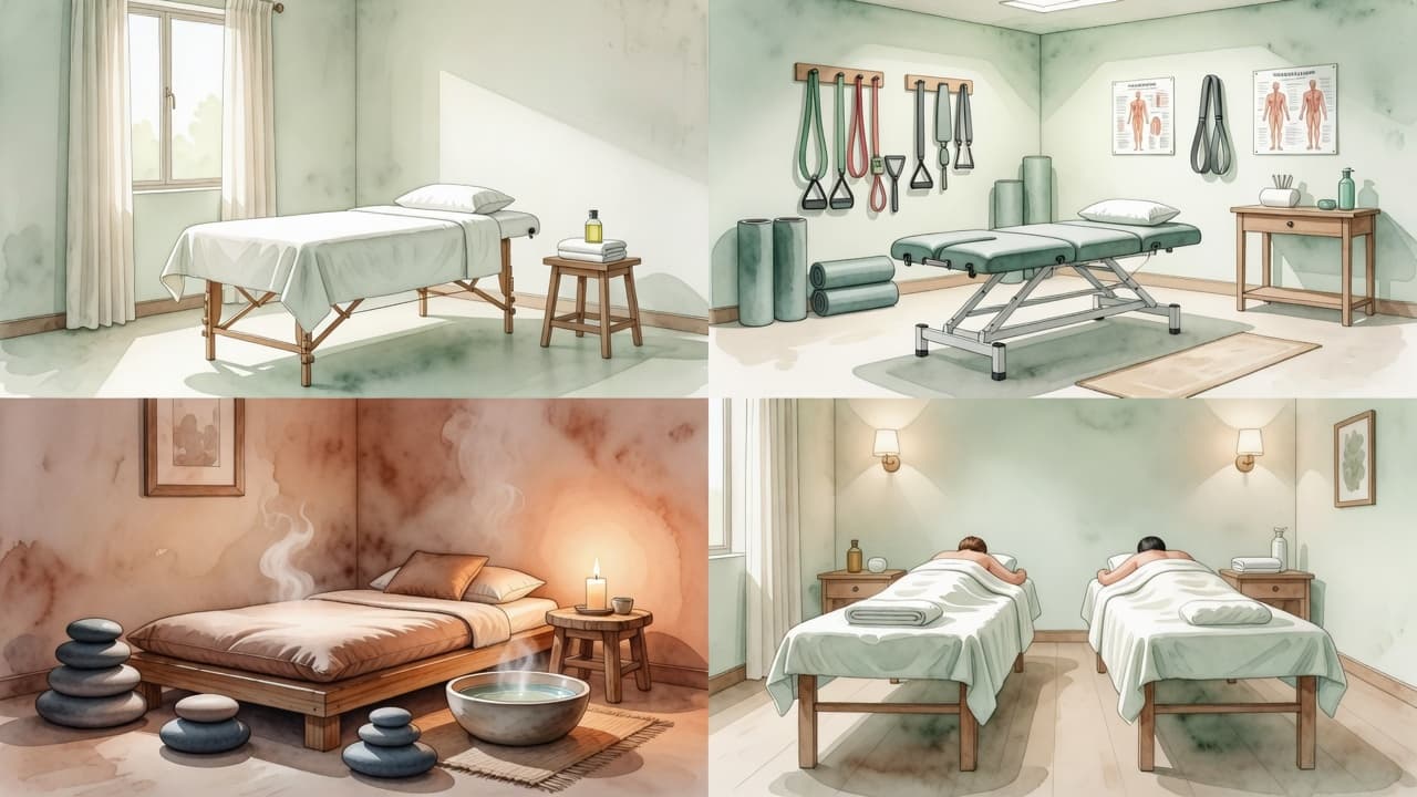 Four soft watercolor vignettes depict varied massage environments including a clinical sports recovery room, a peaceful stone-lined sanctuary, a basic Swedish massage area, and a cozy space for couples treatments.