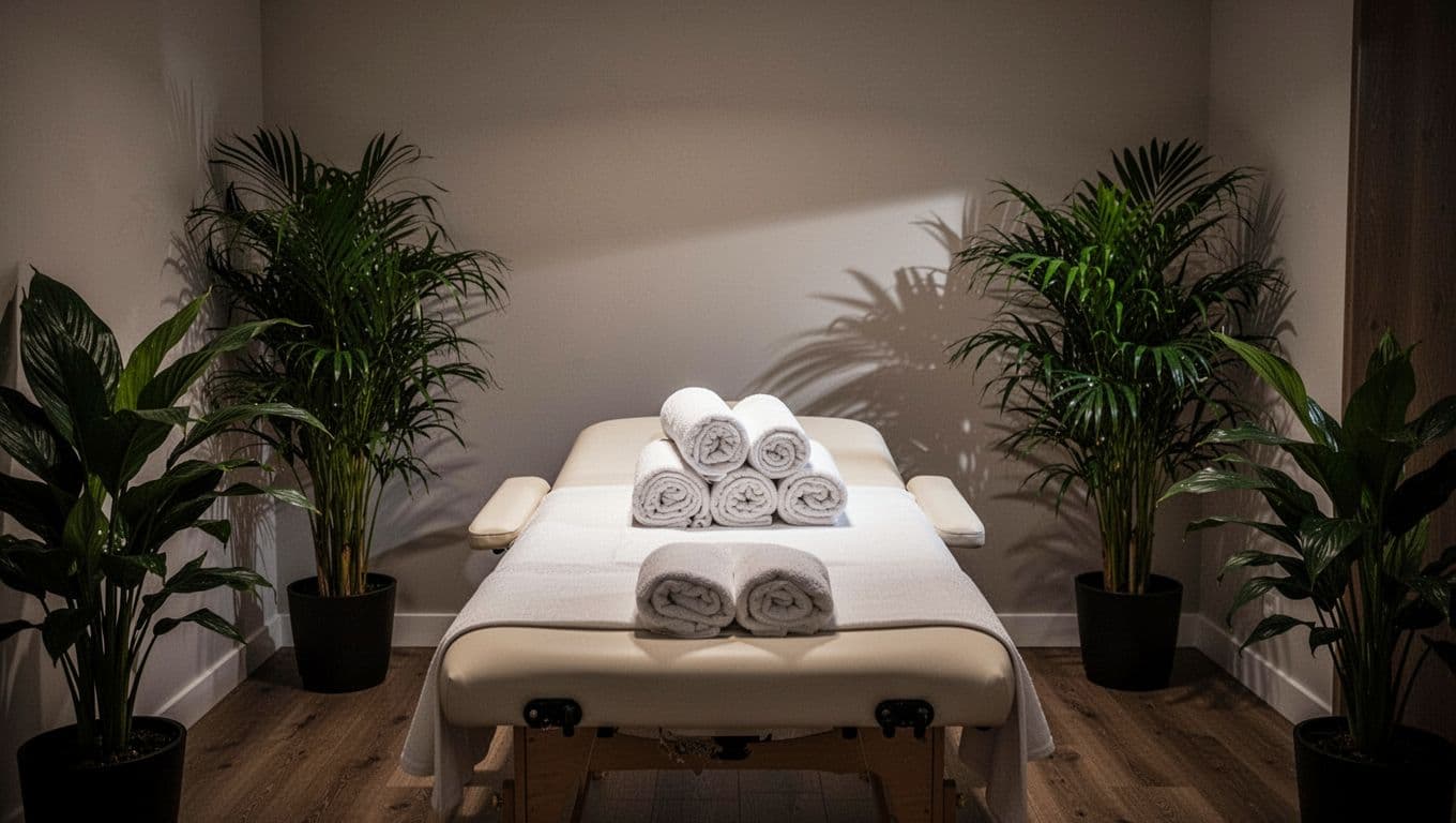 A clean massage table with rolled towels and green plants in a softly lit spa room.