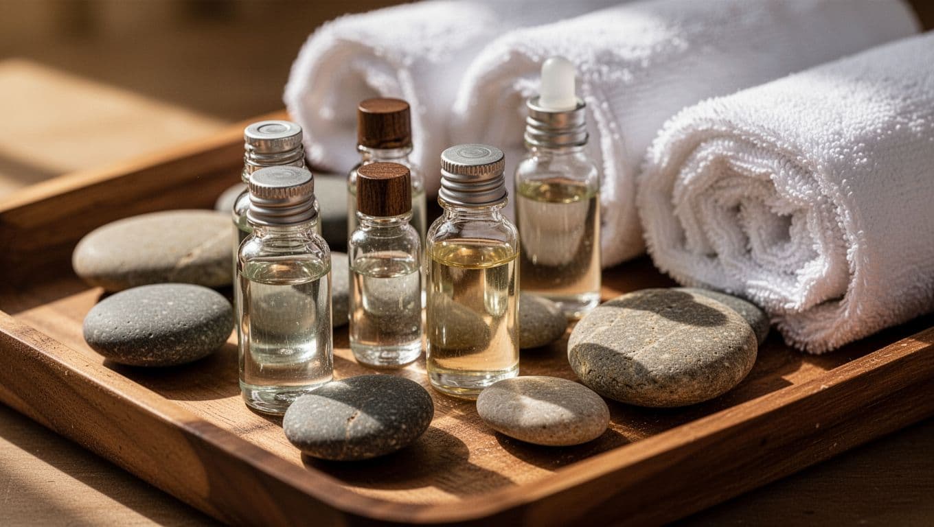 Glass essential oil bottles and smooth river stones on a wooden tray with rolled towels.
