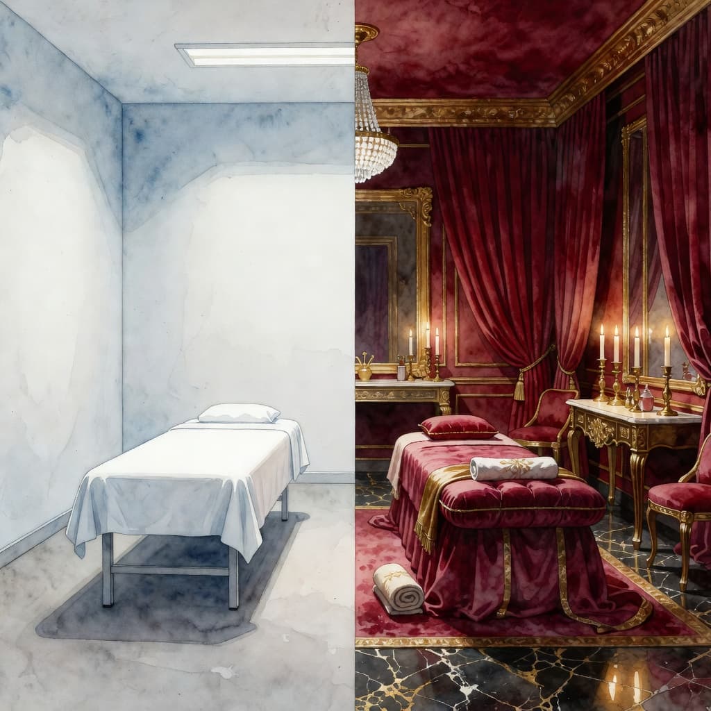 A watercolor illustration contrasts a minimalist massage room on the left with a lavish, gold-accented spa suite on the right. Soft brushstrokes delineate the shift from simple design to opulent luxury.