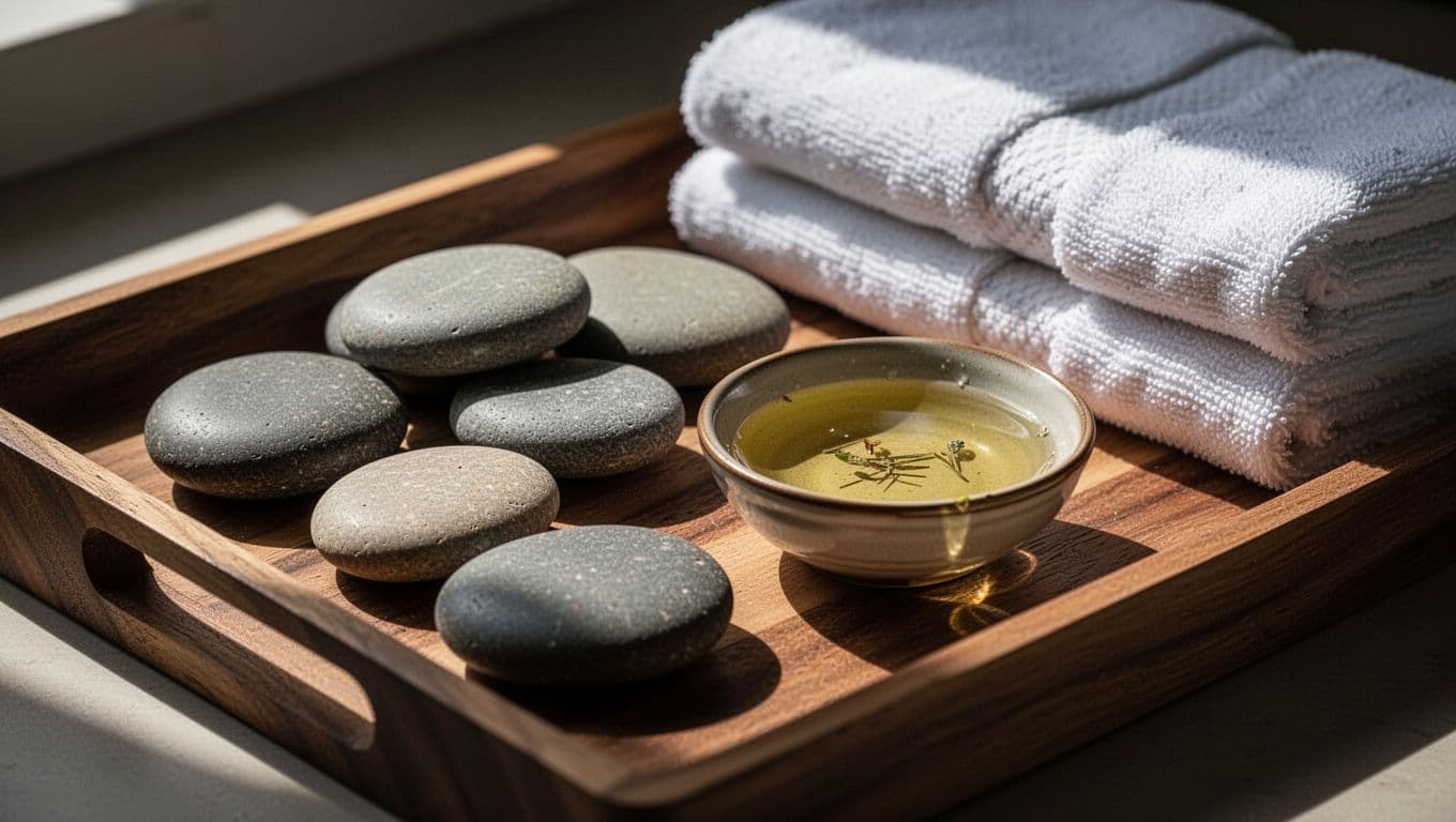 A wooden tray holding smooth warm stones, massage oil, and folded white towels.