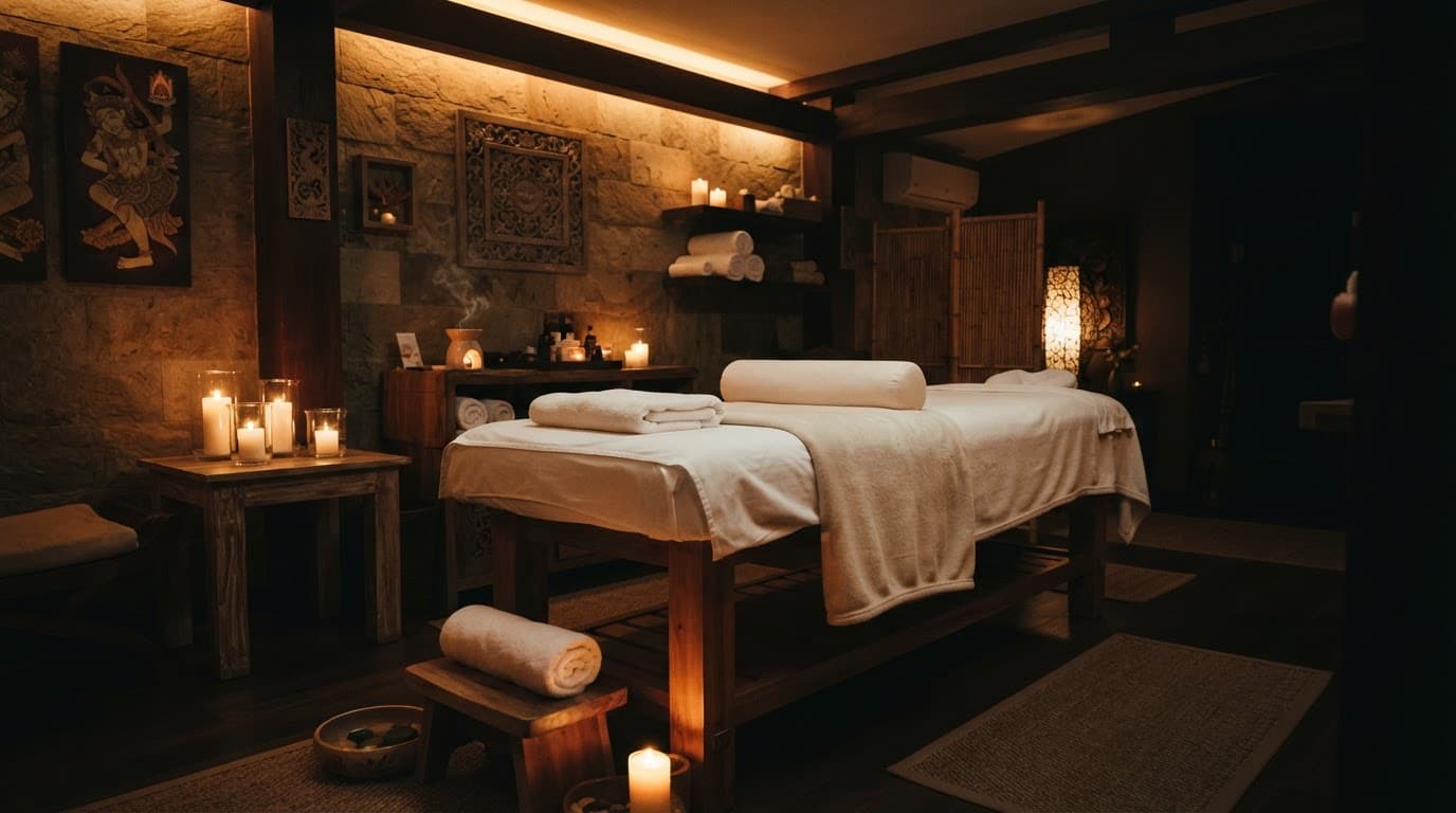 A warmly lit spa room with a massage table, towels, candles, and earthy decor.