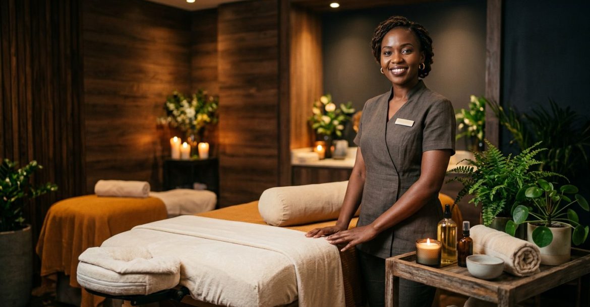 Massage therapist beside a prepared table in a warmly lit Nairobi spa.