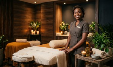 Massage therapist beside a prepared table in a warmly lit Nairobi spa.