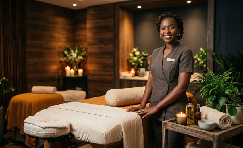 Massage therapist beside a prepared table in a warmly lit Nairobi spa.