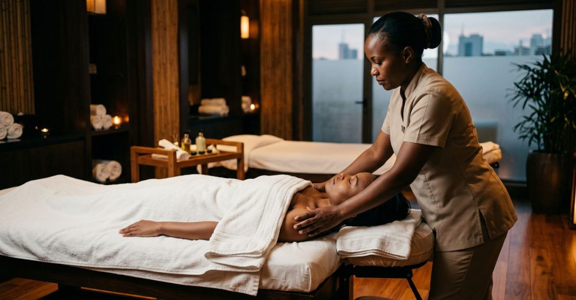 Therapist giving a shoulder massage to a draped client in a warm Nairobi spa.