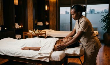 Therapist giving a shoulder massage to a draped client in a warm Nairobi spa.