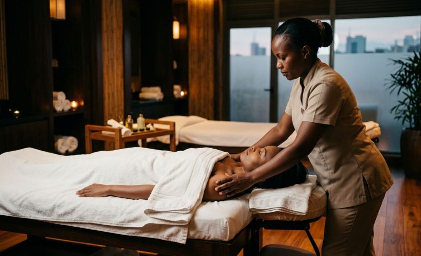 Therapist giving a shoulder massage to a draped client in a warm Nairobi spa.