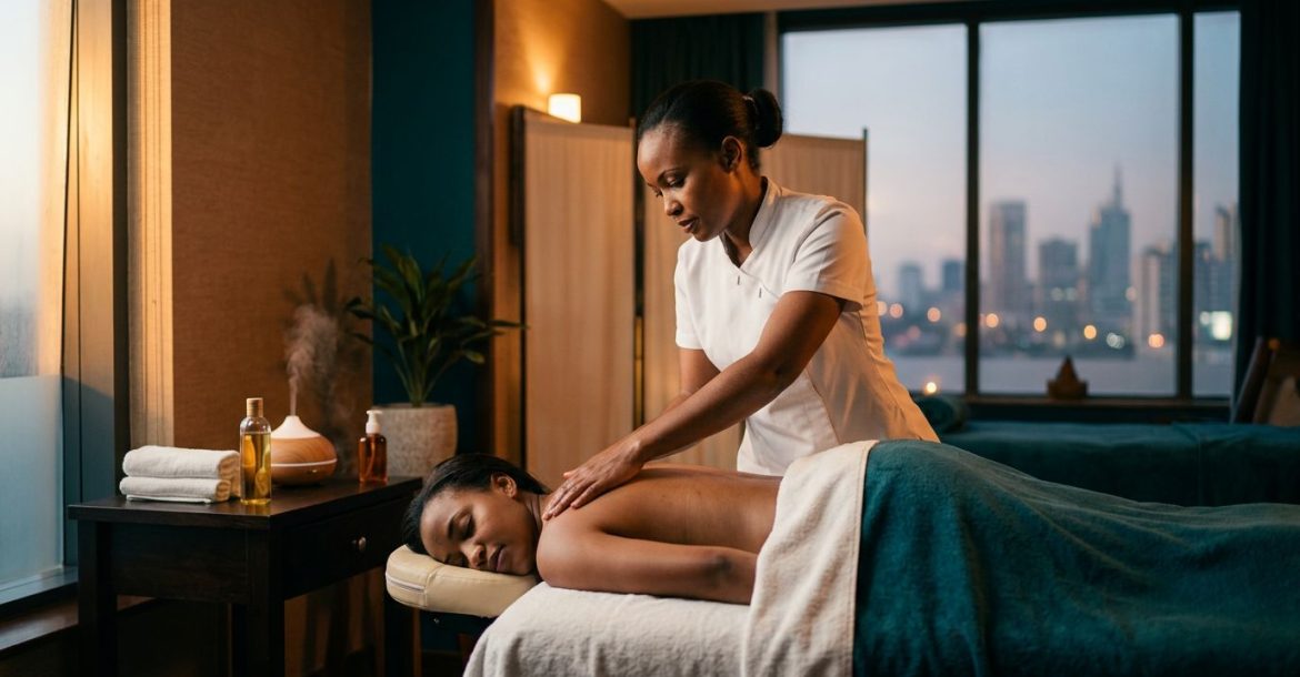 Therapist demonstrating a gentle back massage on a draped client in a Nairobi spa.