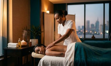 Therapist demonstrating a gentle back massage on a draped client in a Nairobi spa.