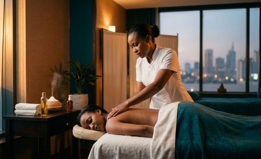 Therapist demonstrating a gentle back massage on a draped client in a Nairobi spa.