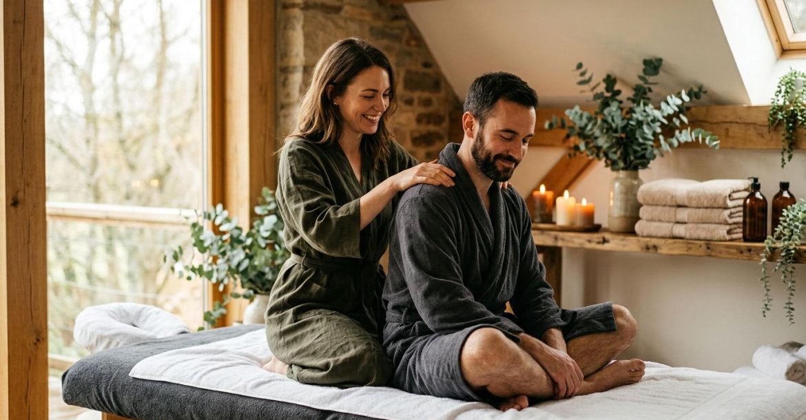 A couple enjoys a shoulder massage on a warmly lit table surrounded by towels and greenery.