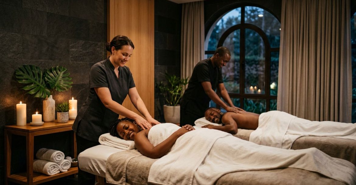A couple receives synchronized massages in a softly lit private spa room.