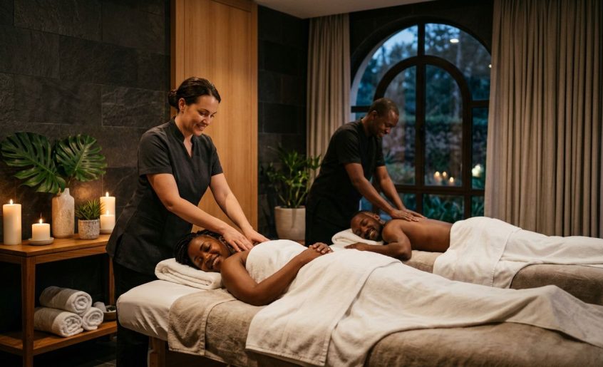 A couple receives synchronized massages in a softly lit private spa room.