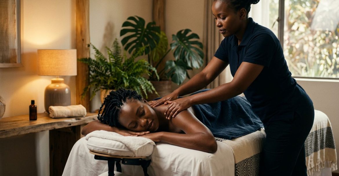 A therapist massages a woman’s shoulders on a table in a warmly lit room.