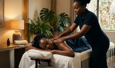 A therapist massages a woman’s shoulders on a table in a warmly lit room.