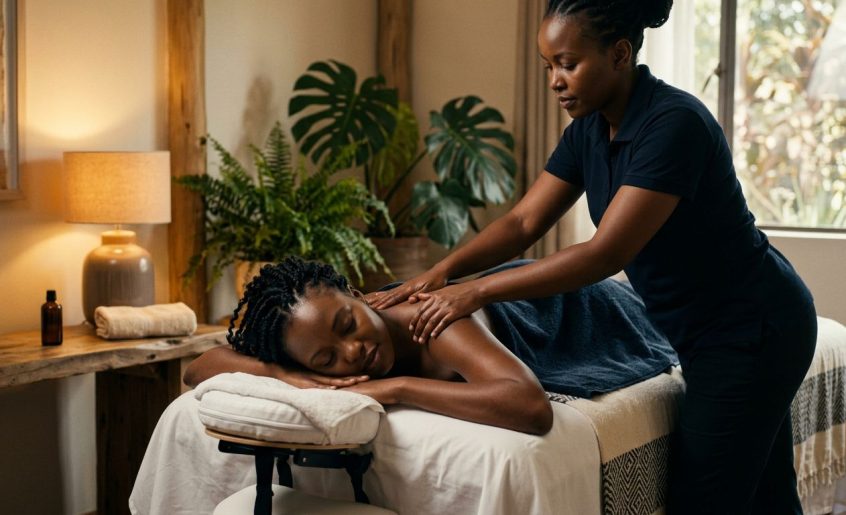 A therapist massages a woman’s shoulders on a table in a warmly lit room.