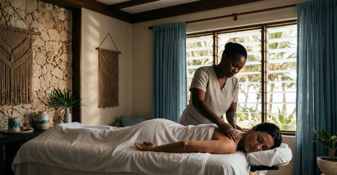 Therapist giving a shoulder massage to a woman on a towel-covered table.