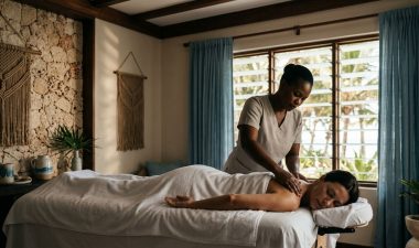 Therapist giving a shoulder massage to a woman on a towel-covered table.