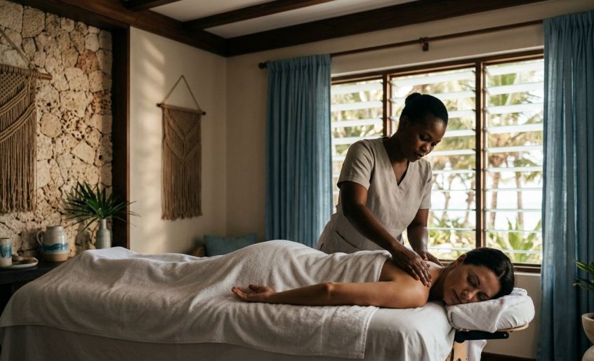 Therapist giving a shoulder massage to a woman on a towel-covered table.