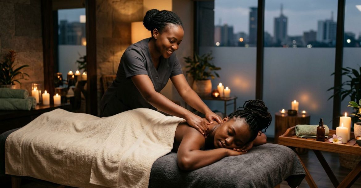Therapist massaging a client’s shoulders in a warmly lit Nairobi spa.