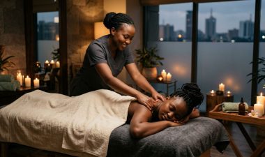 Therapist massaging a client’s shoulders in a warmly lit Nairobi spa.