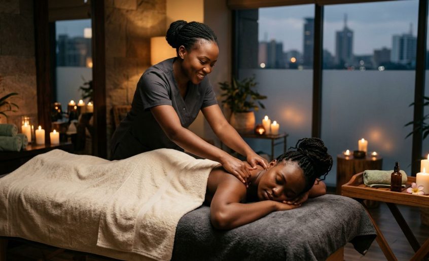 Therapist massaging a client’s shoulders in a warmly lit Nairobi spa.