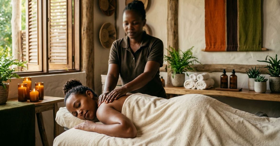 A woman receives a shoulder massage in a warmly lit Kenyan spa room.