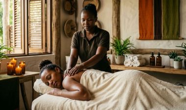 A woman receives a shoulder massage in a warmly lit Kenyan spa room.