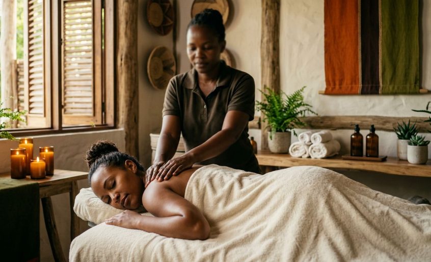 A woman receives a shoulder massage in a warmly lit Kenyan spa room.