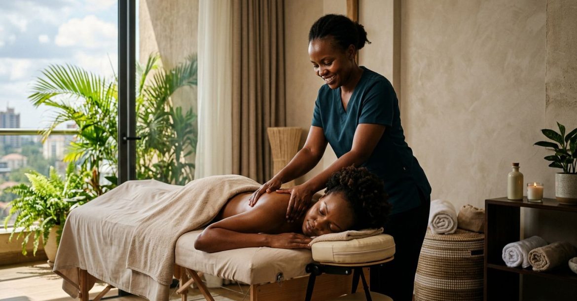 A therapist massages a woman’s shoulders on a portable table in a bright Nairobi home.