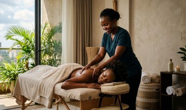 A therapist massages a woman’s shoulders on a portable table in a bright Nairobi home.