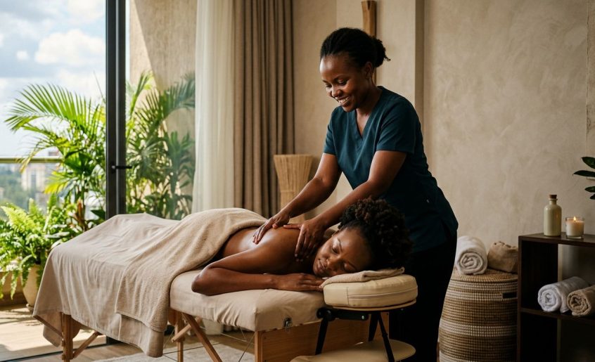 A therapist massages a woman’s shoulders on a portable table in a bright Nairobi home.