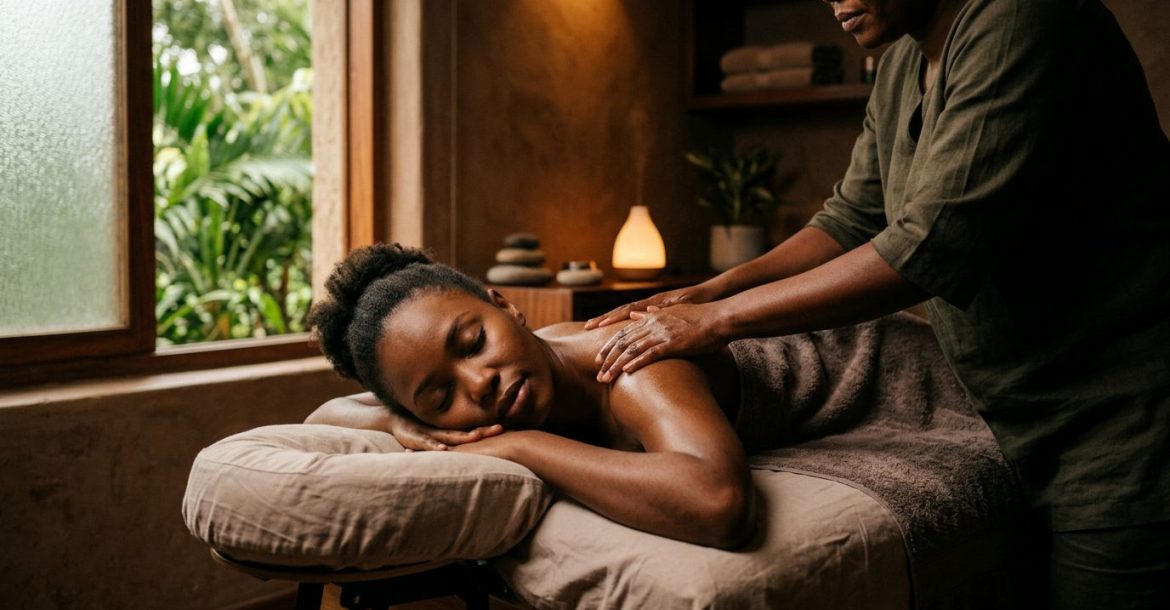 Relaxed woman receiving a shoulder massage in a warmly lit Nairobi spa.