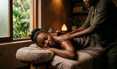Relaxed woman receiving a shoulder massage in a warmly lit Nairobi spa.