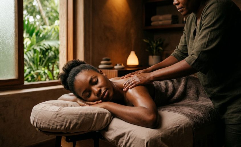 Relaxed woman receiving a shoulder massage in a warmly lit Nairobi spa.