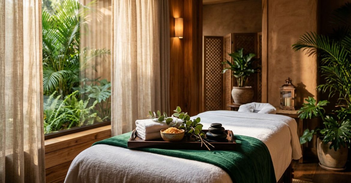 A massage table with towels, spa salts, eucalyptus leaves, and stones fills a warmly lit Nairobi spa.