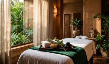 A massage table with towels, spa salts, eucalyptus leaves, and stones fills a warmly lit Nairobi spa.