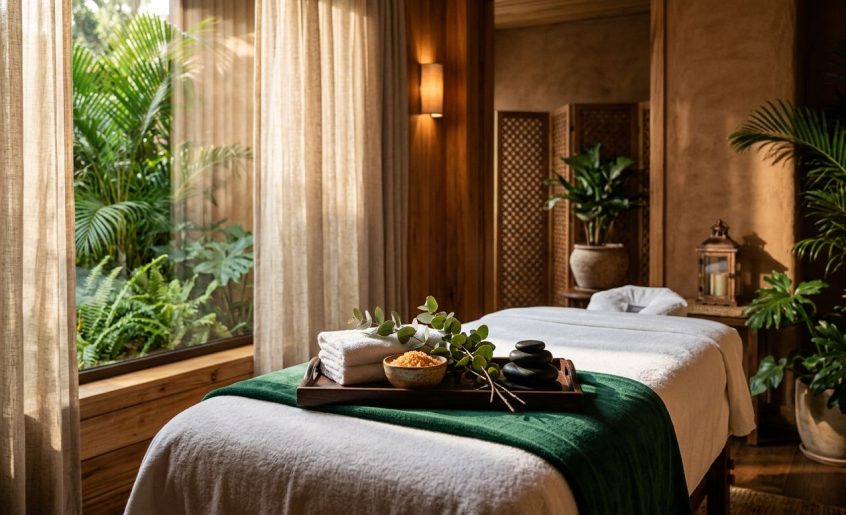 A massage table with towels, spa salts, eucalyptus leaves, and stones fills a warmly lit Nairobi spa.
