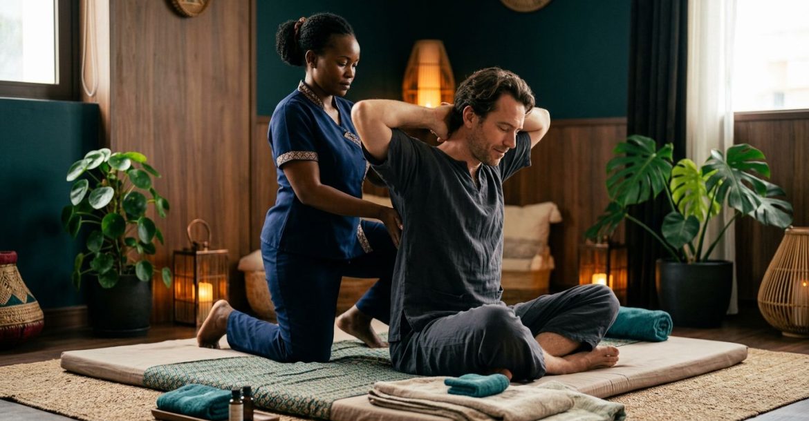 A therapist helps a man stretch on a padded mat in a calm massage studio.