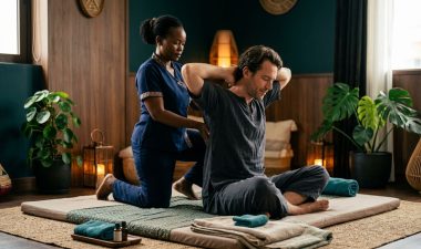 A therapist helps a man stretch on a padded mat in a calm massage studio.